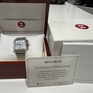 Michele Silver Diamond Chronograph Watch with Mother of Pearl Face